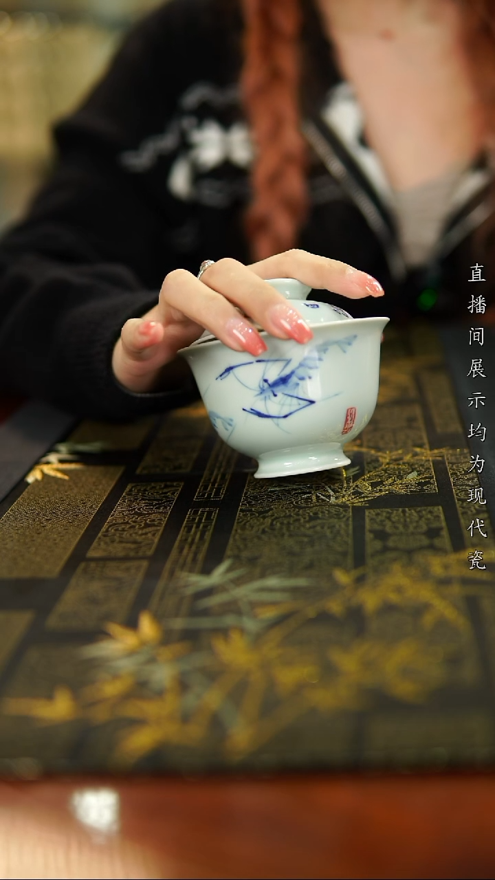 盖碗瓷&*柴窑虾趣二才盖碗