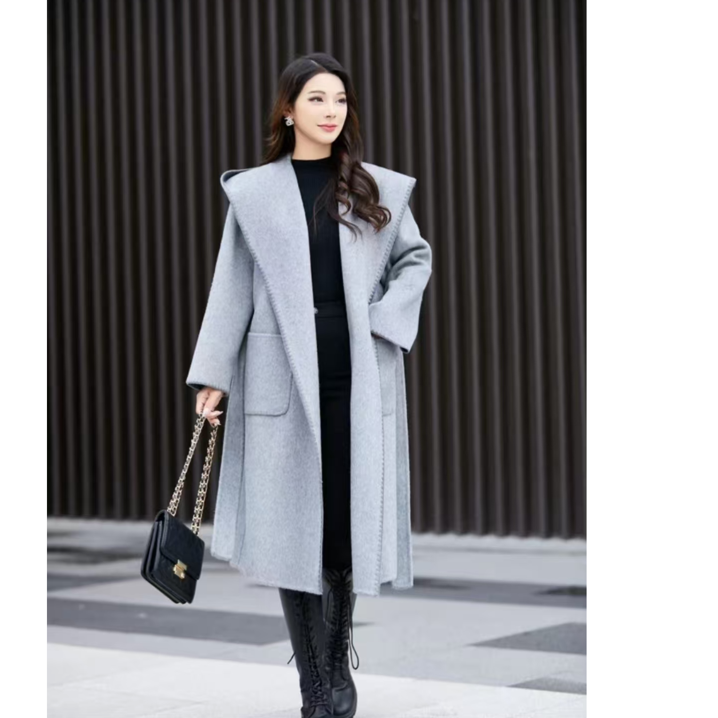 【安妮轻奢】连帽浴袍双面中长款羊毛大衣（手工缝制） 3107