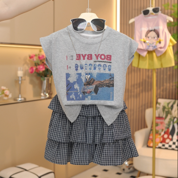 女童套装夏季2025新款儿童夏装短袖洋气小女孩格子蛋糕裙两件套潮