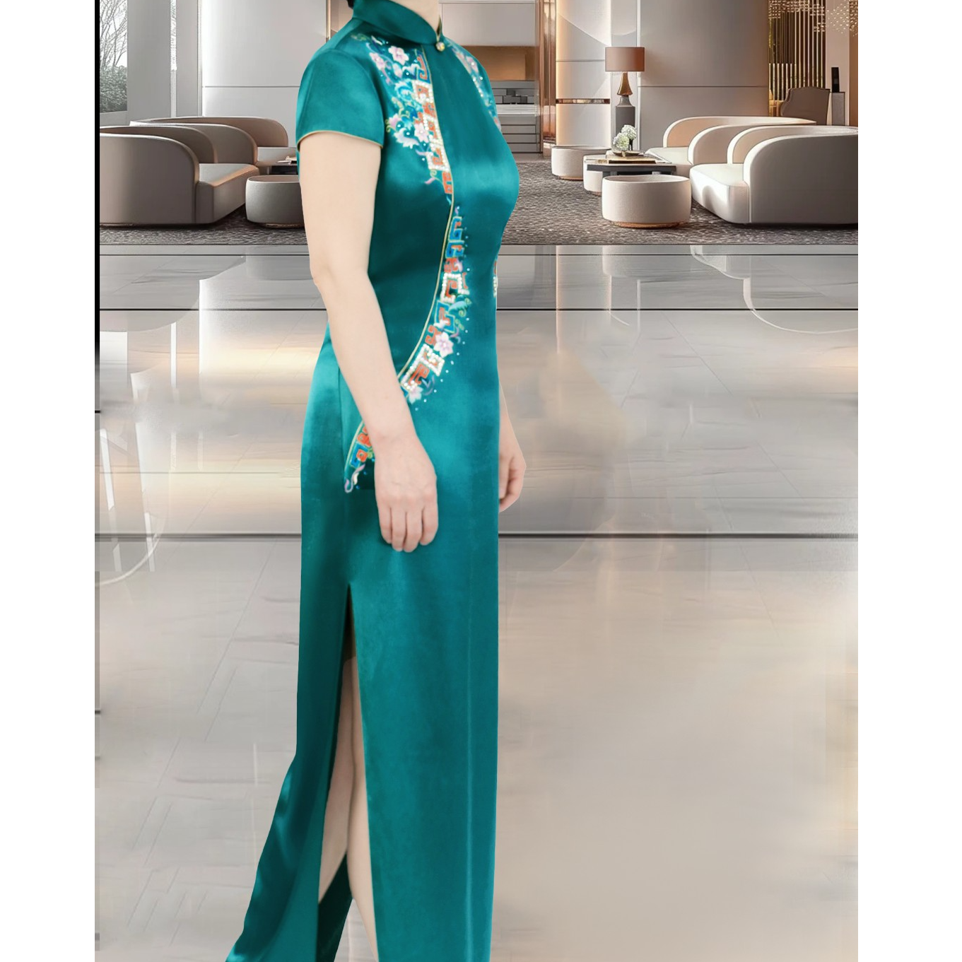 原创喜妈妈中式湖蓝色手推绣包肩绣鱼尾裙高定款