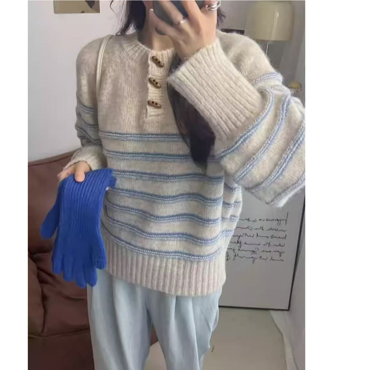 慵懒风圆领撞色条纹针织衫女复古牛角扣宽松毛衣冬1399