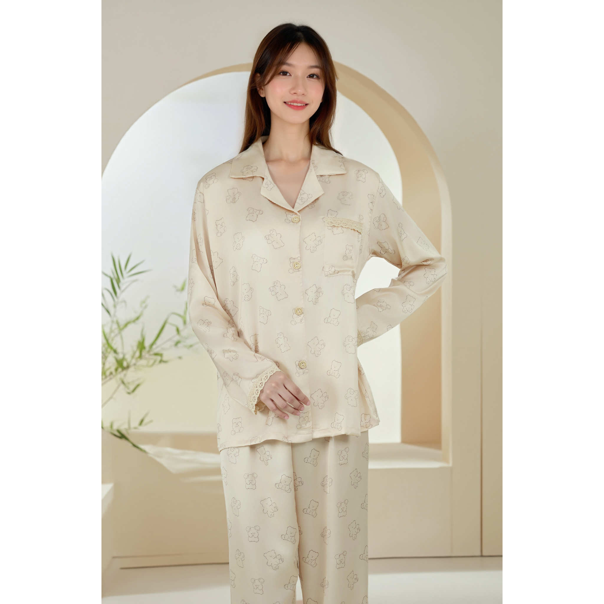 带胸垫新款甜美睡衣女款春秋季冰丝长袖长裤可外穿家居服套装