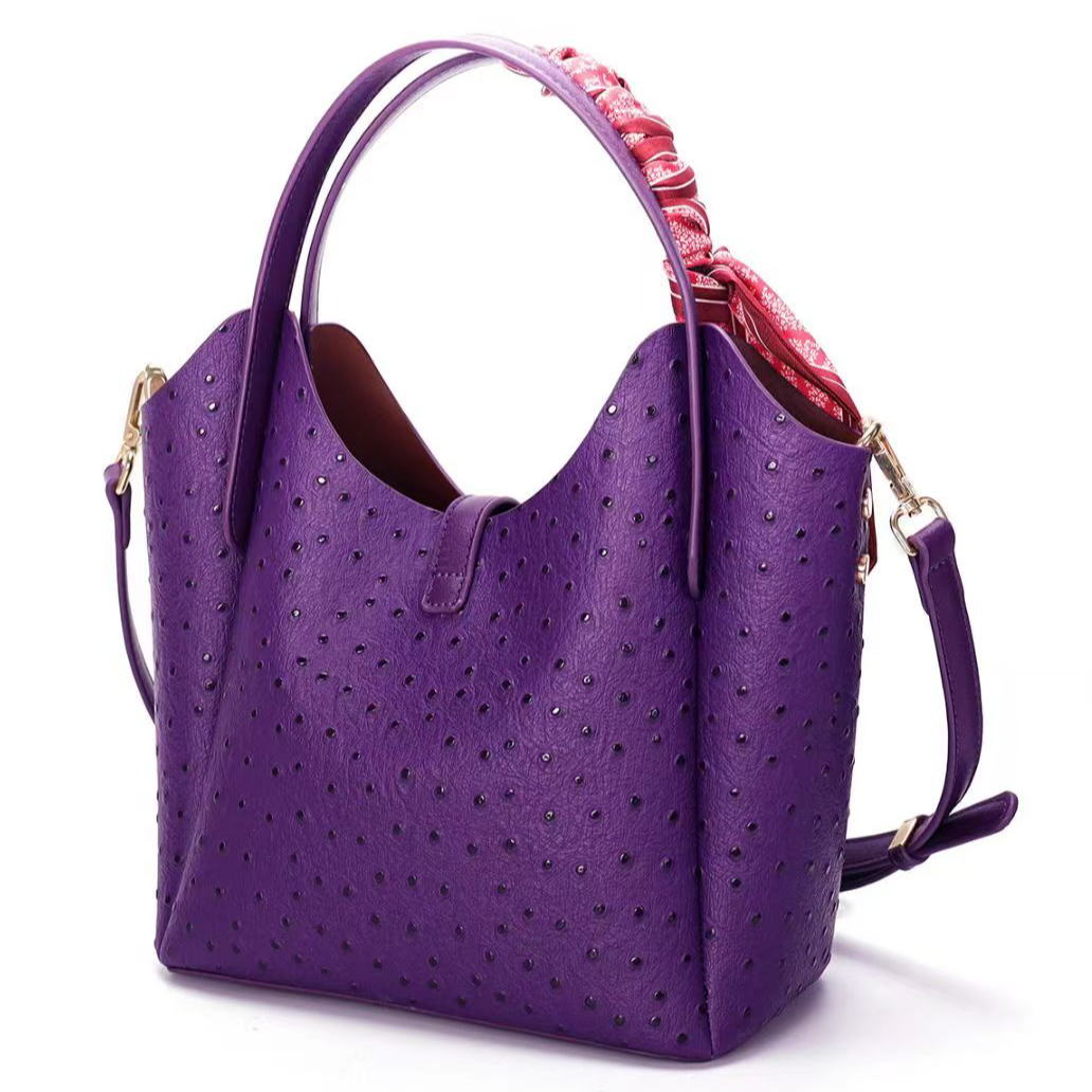 【文总在广州】紫色鸵鸟单肩菜篮子手提包