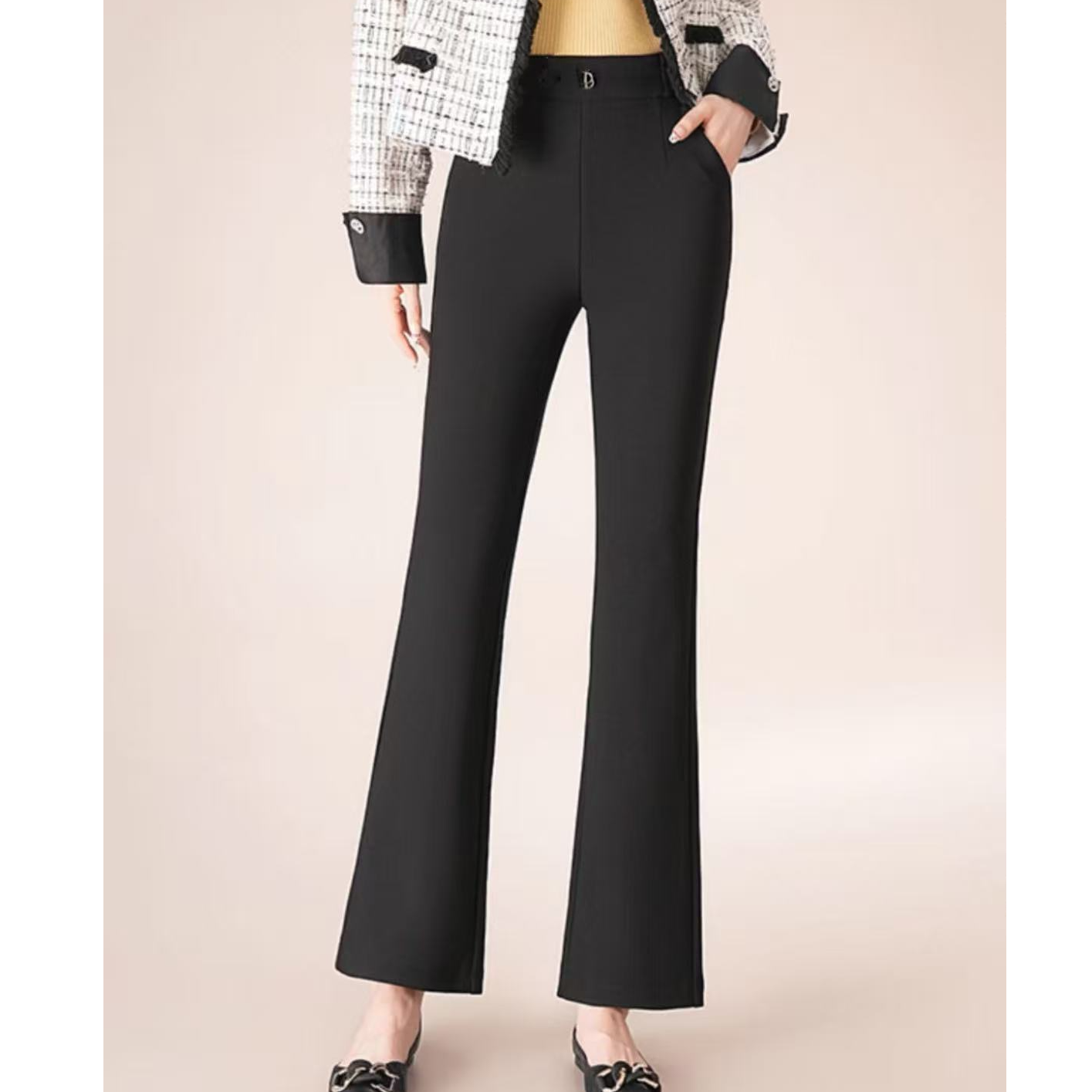 2024春秋新款黑色微喇裤时尚百搭休闲裤显瘦喇叭裤女裤子605#长95