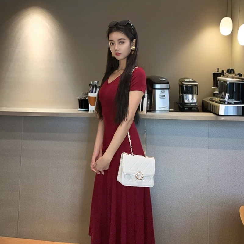 新款春夏法式气质v领洋气衣服女收腰长裙短袖打底夏季上衣15-1