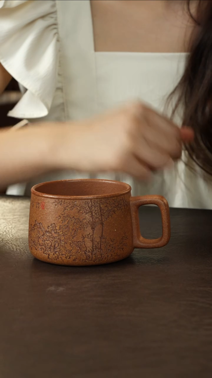 茶杯紫砂蒋文琴黄降坡把杯刻竹石
