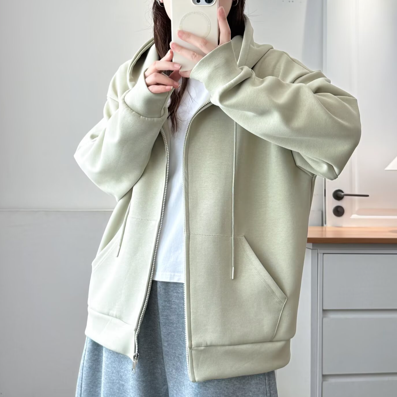 巨好看的韩系早秋拉链外套！大码微胖MM连帽开衫外套女宽松卫衣