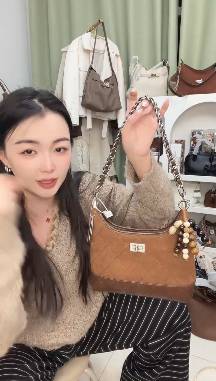 牛皮（革）棕色菱格hobo 