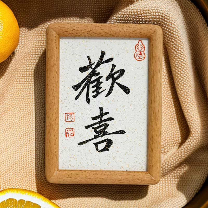 《欢喜》客厅玄关书房酒店茶室新中式禅意创意书法摆台实木定制手写