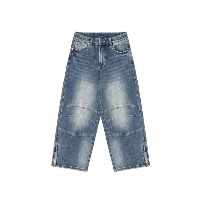 5796美式做旧水洗侧边拉链牛仔裤女宽松百搭长裤