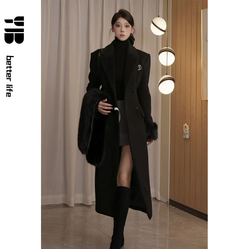 英伦赫本风黑色沙漏收腰毛呢外套冬季新款长款气质高级呢子大衣女