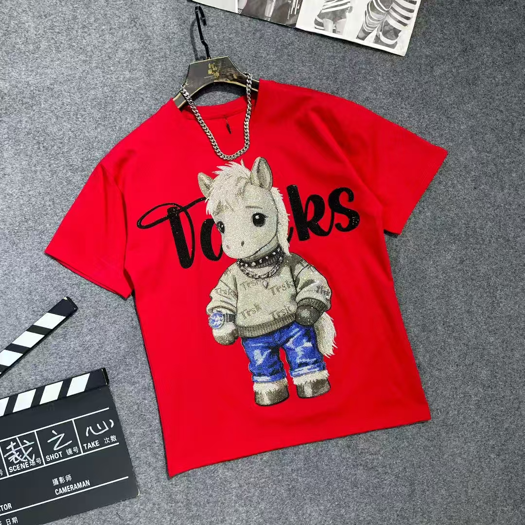 12169潮牌重工满钻时尚新款百搭休闲四季圆领半袖