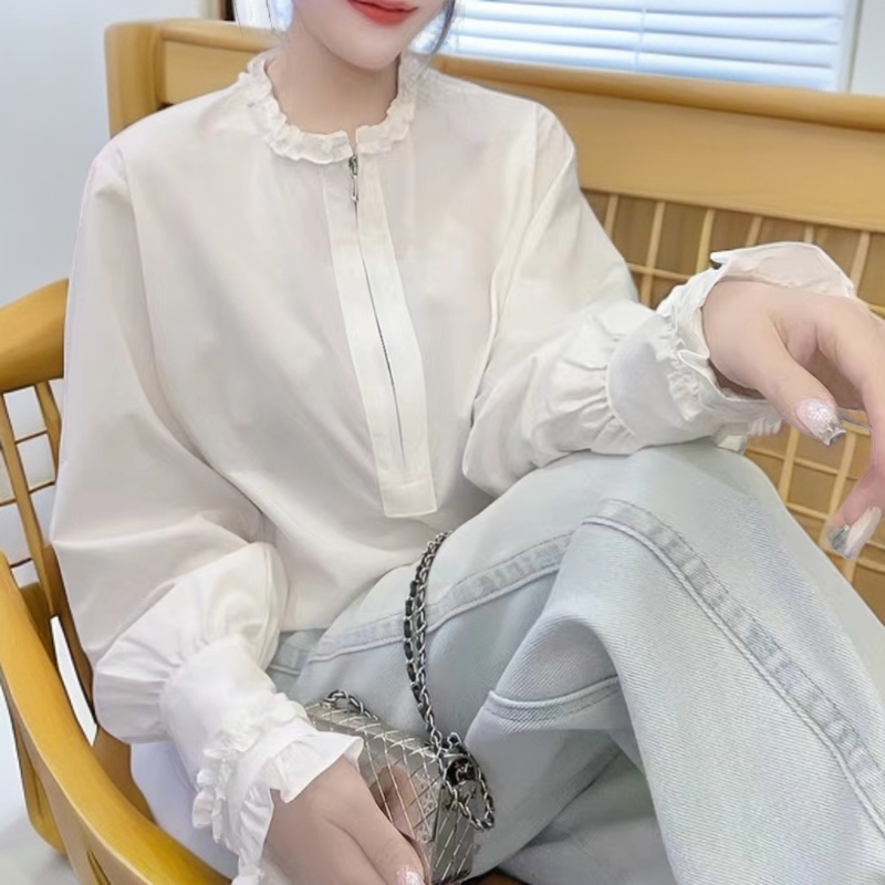2025冬季新款法式半拉链木耳花边衬衫上衣3233*
