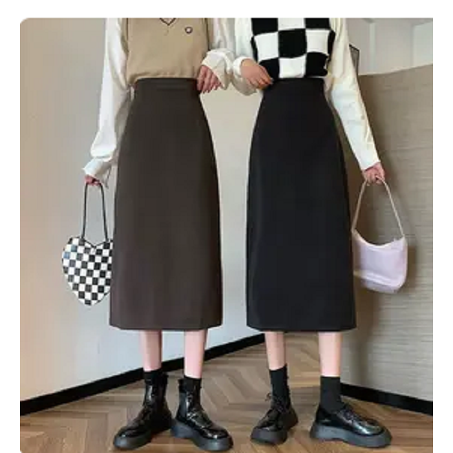 韩版秋新款百搭半身裙双面呢子开叉直筒裙女2811# H