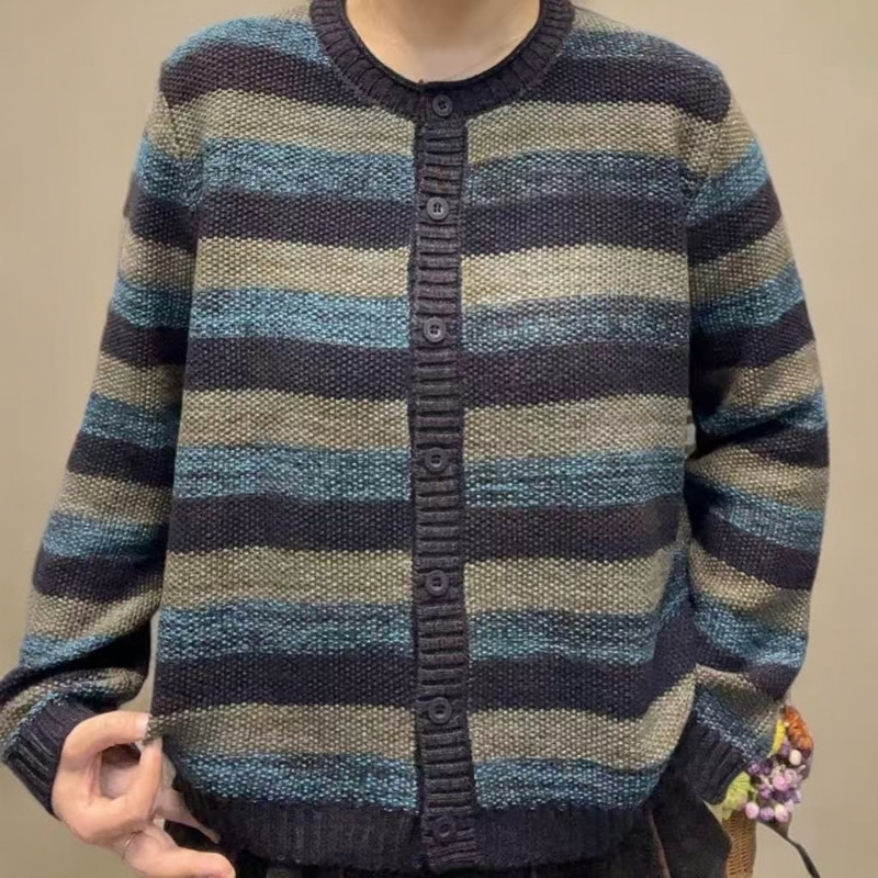 棉~（花线宽条开衫）女款宽松版型针织衫