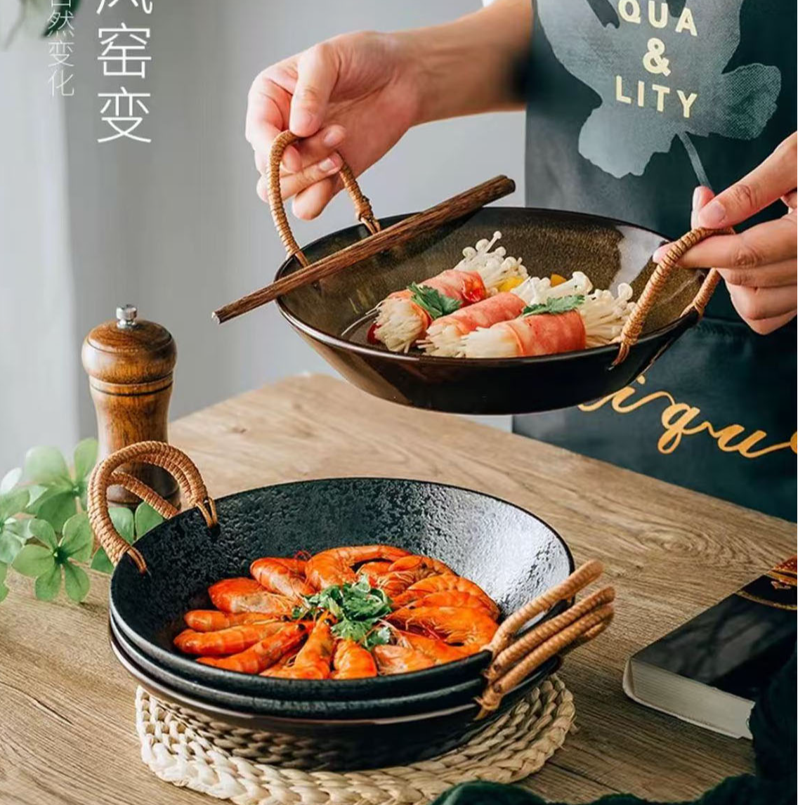复古复古元素小清新异形釉下彩盘创意餐盘水果餐具 盘子手工编织