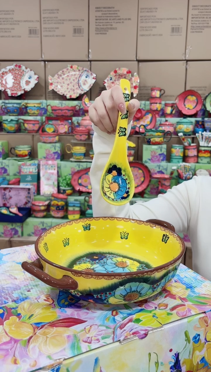瓷手绘琉璃黄彩-12英寸双耳大汤碗配中号勺