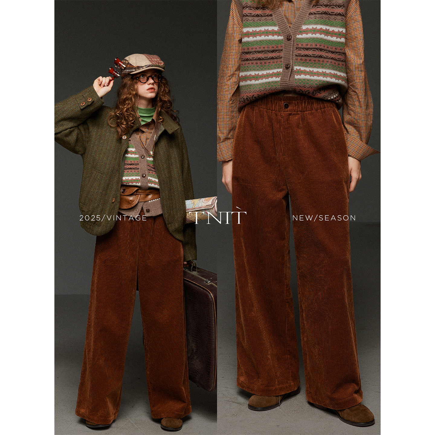 TNIT复古宽松高腰直筒灯芯绒休闲裤女秋冬显瘦百搭阔腿垂感拖地裤