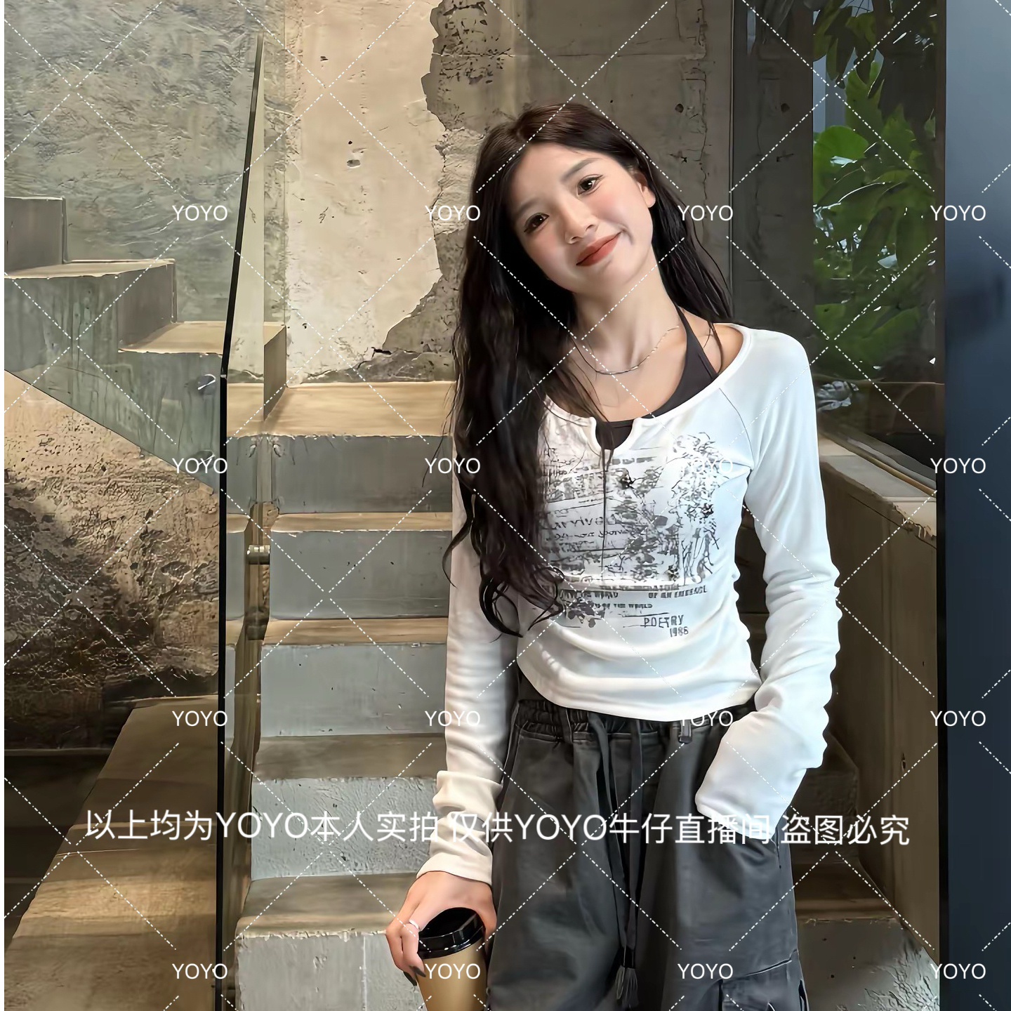 YOYO自制2【绑带叠穿】秋款显瘦辣妹短款时尚印花长袖上衣