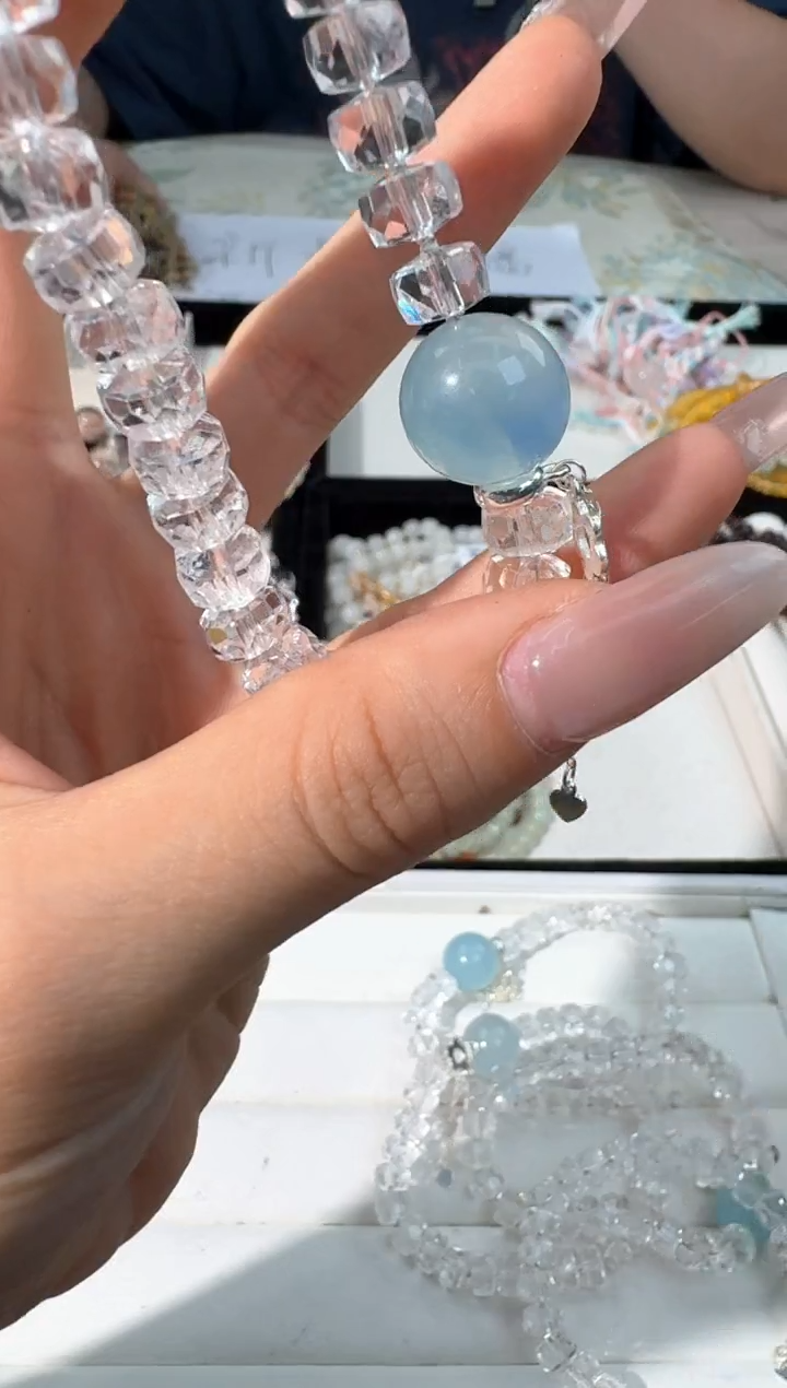 水晶手链银S925镶嵌I056白水盘珠海蓝顶珠款