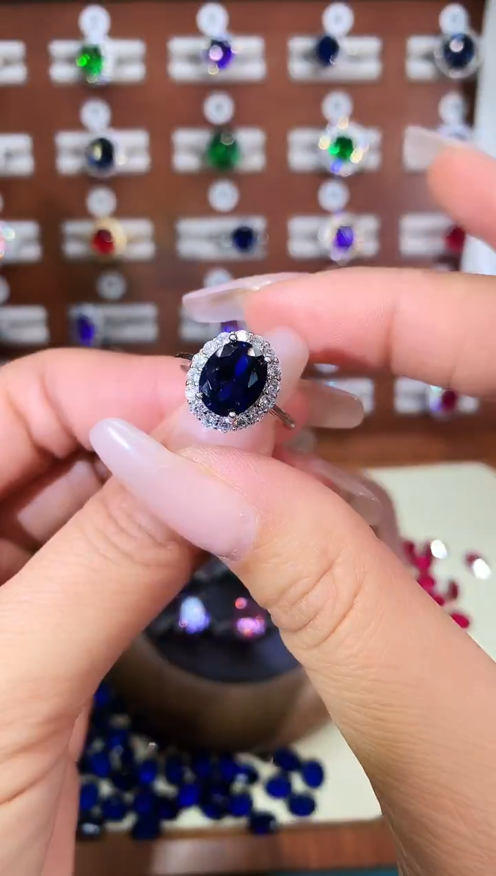 戒指蓝宝石银S925镶嵌810白