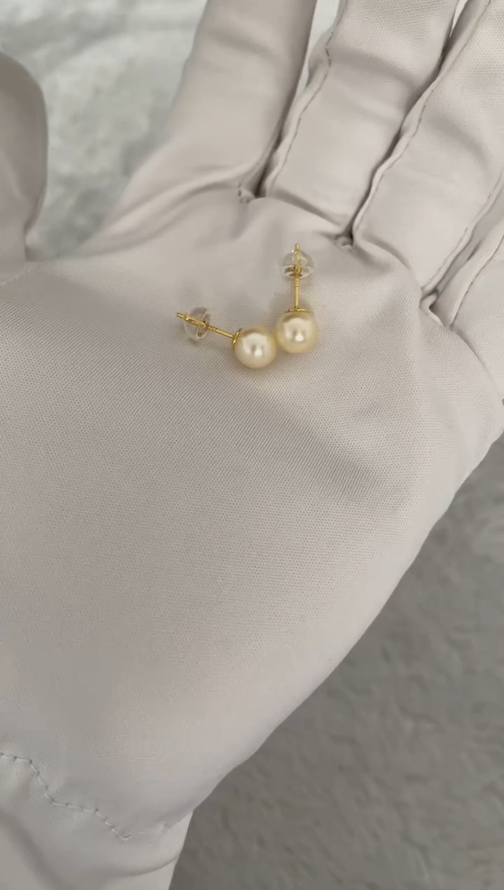 银S925镶嵌海水珍珠耳饰AK羽皇金素钉7-7.5mm