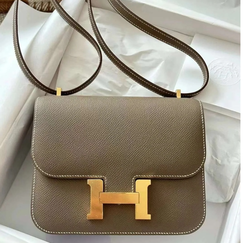 99新 Hermes/爱马仕 小花6珊 康康 19 大象灰 ep皮 B刻 金扣包