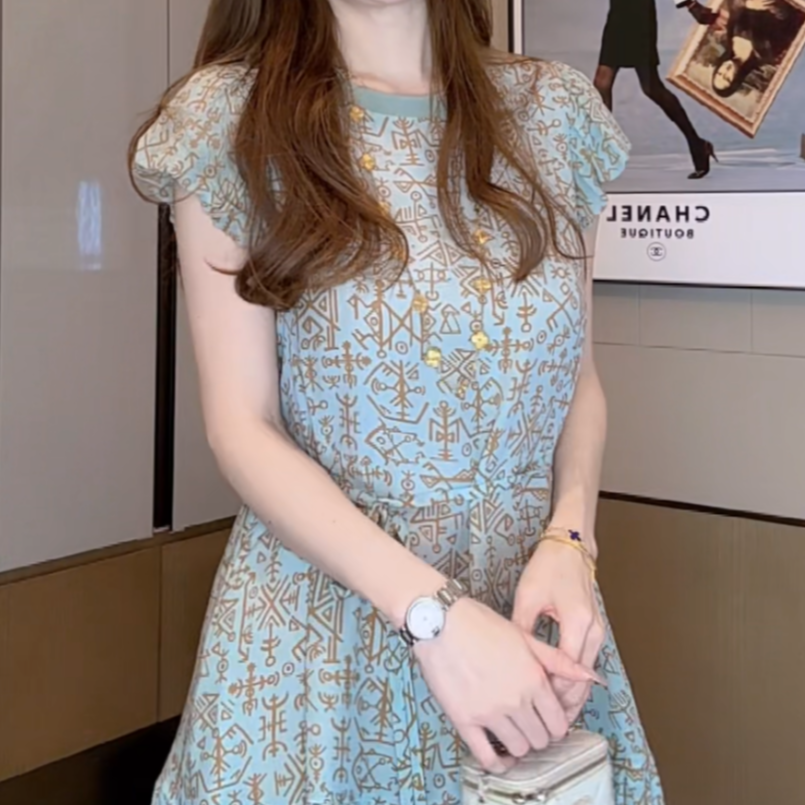 【丝芙玉禄】(S390)真丝圆领符号印花气质桑蚕丝女装连衣裙