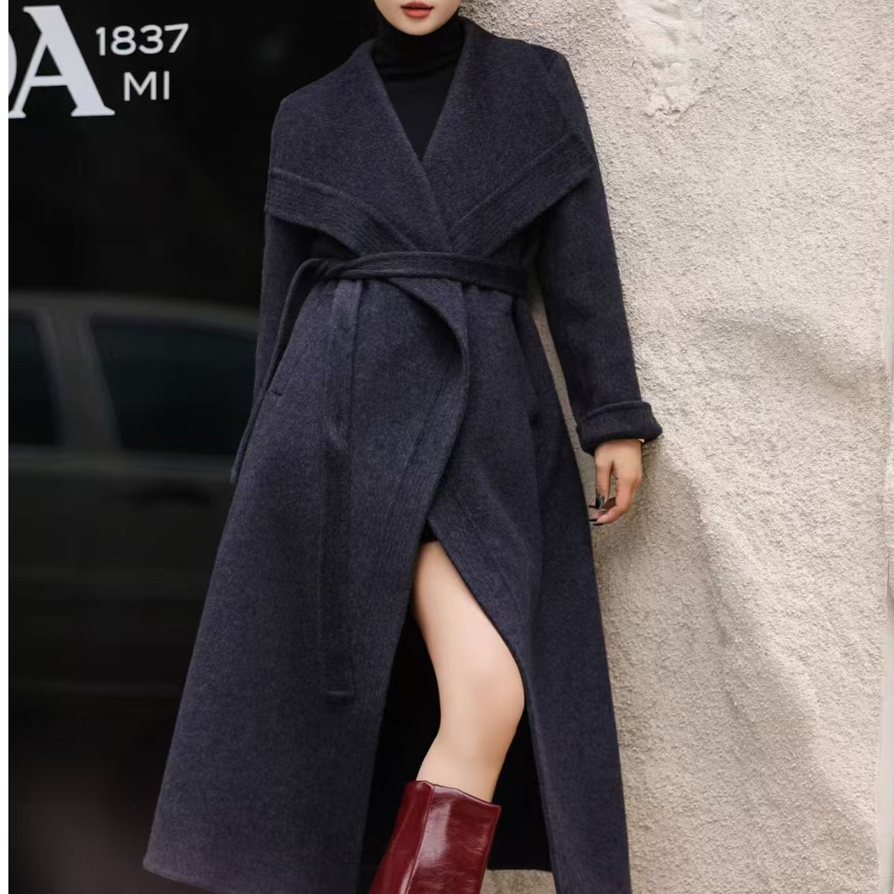 大码正肩显瘦长款冬季秋冬千金风长款女装双面毛呢外套胖mm25062