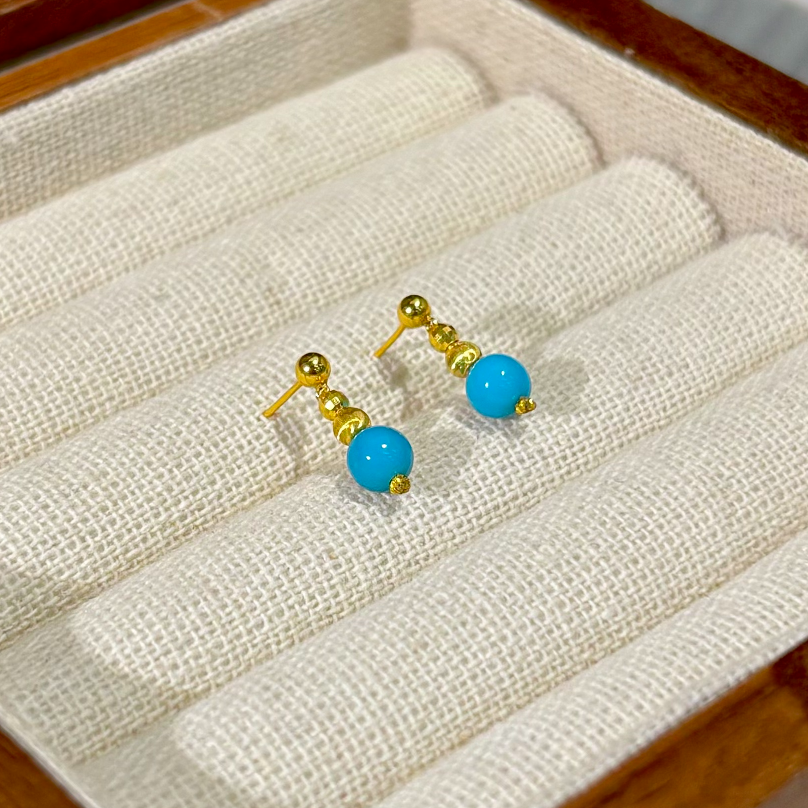 绿松石 圆珠耳钉  18k金镶  3170   多样式发一对