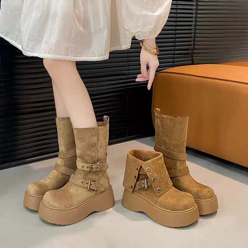 DABAOBEI松糕厚底短靴女2025冬季新款瘦瘦靴马丁靴