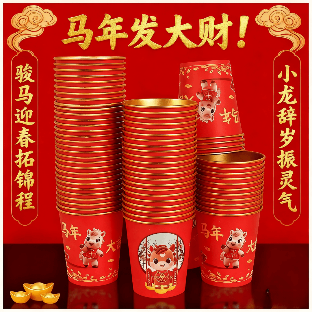 马年金箔纸杯一次性杯子加厚金箔婚宴家用红色婚庆水杯子整箱批发