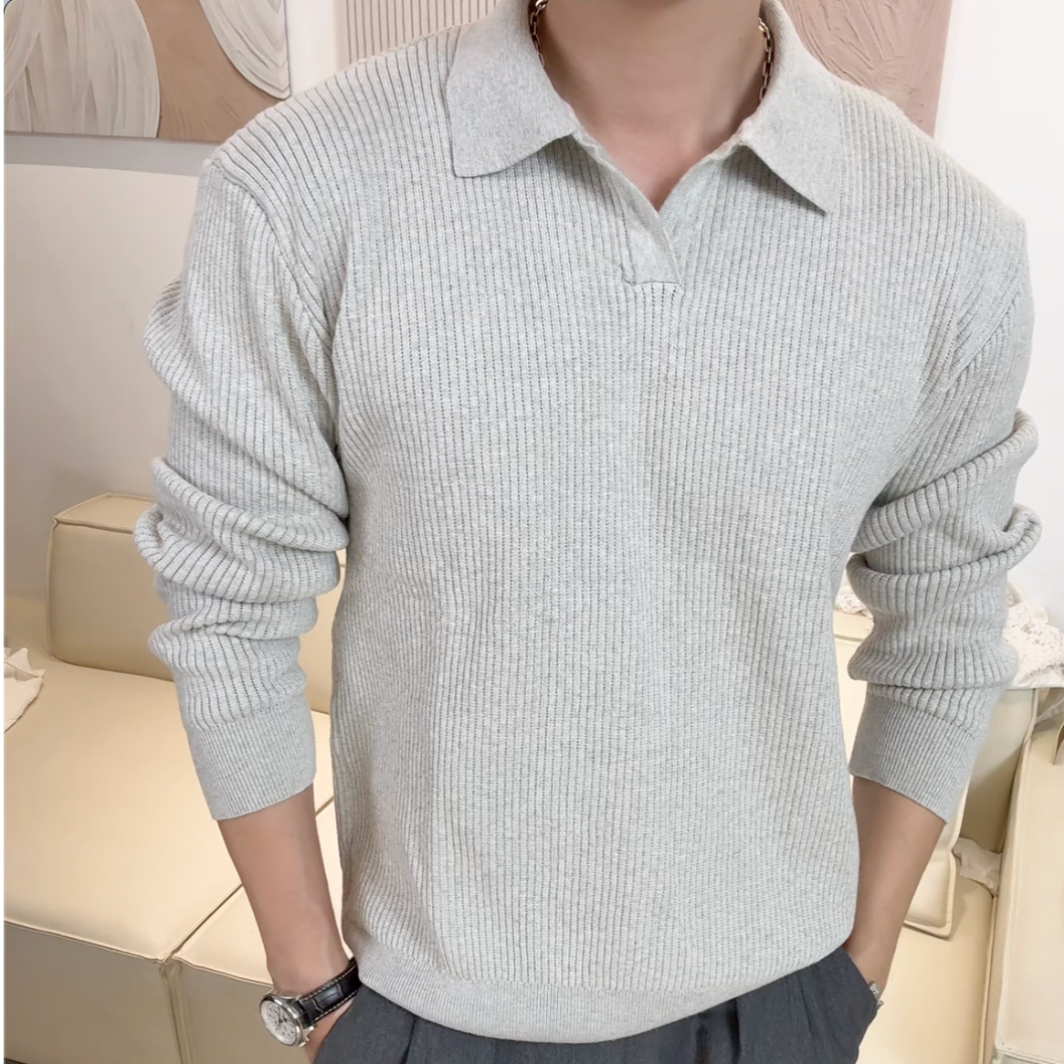 秋冬松弛轻奢海鸥领老钱风格调混纺极简百搭POLO休闲针织衫长袖