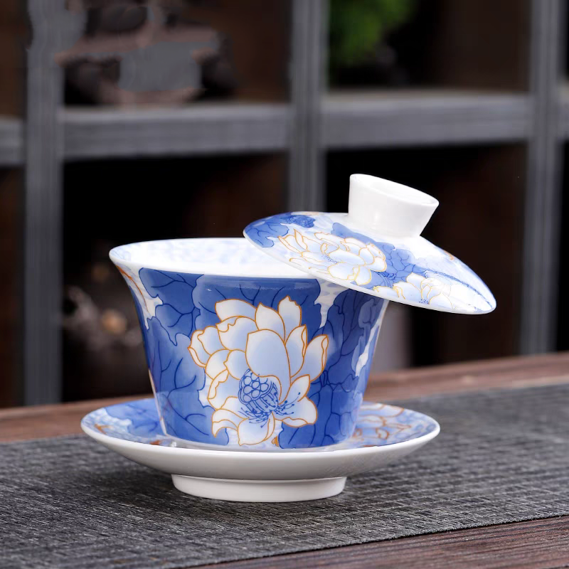 羊脂玉瓷荷韵飘香悬停三才盖碗家用泡茶碗-4588