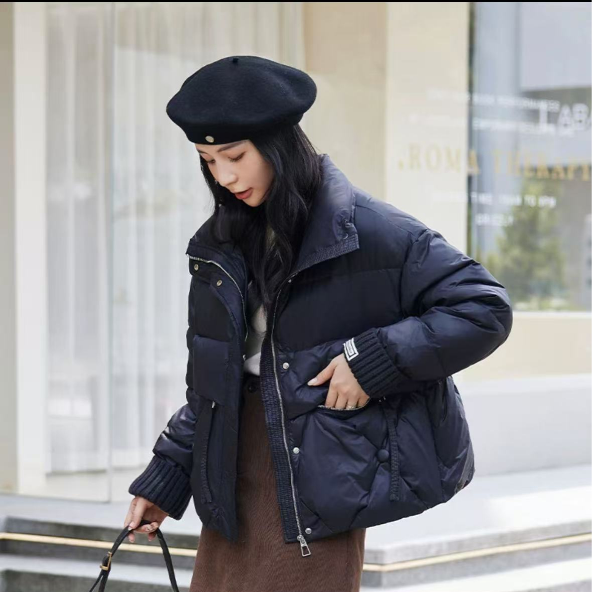 7728-女士五扣针织毛线袖拼接（两色）羽绒服