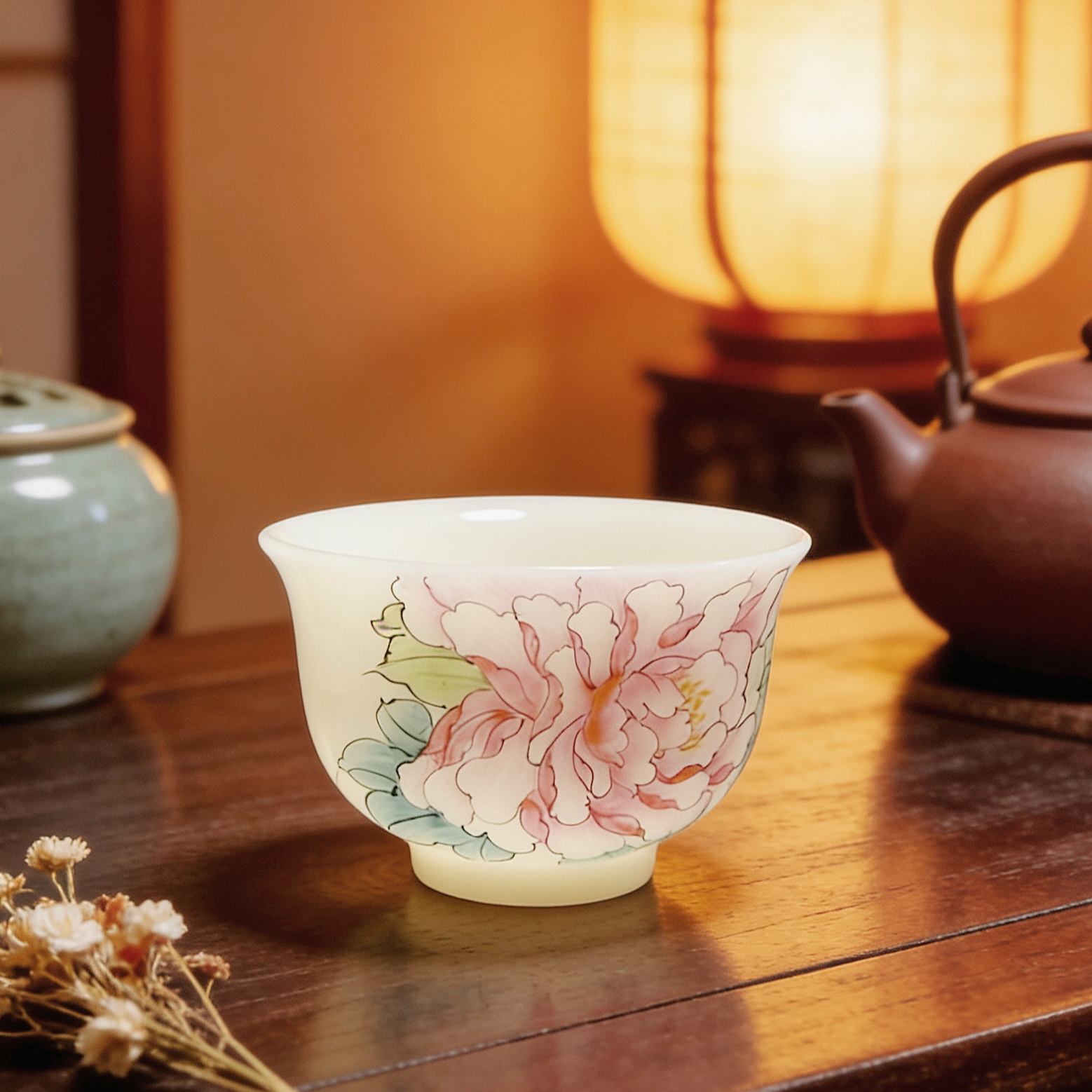 玉泥玉瓷手绘主人杯  中式品茗单杯 