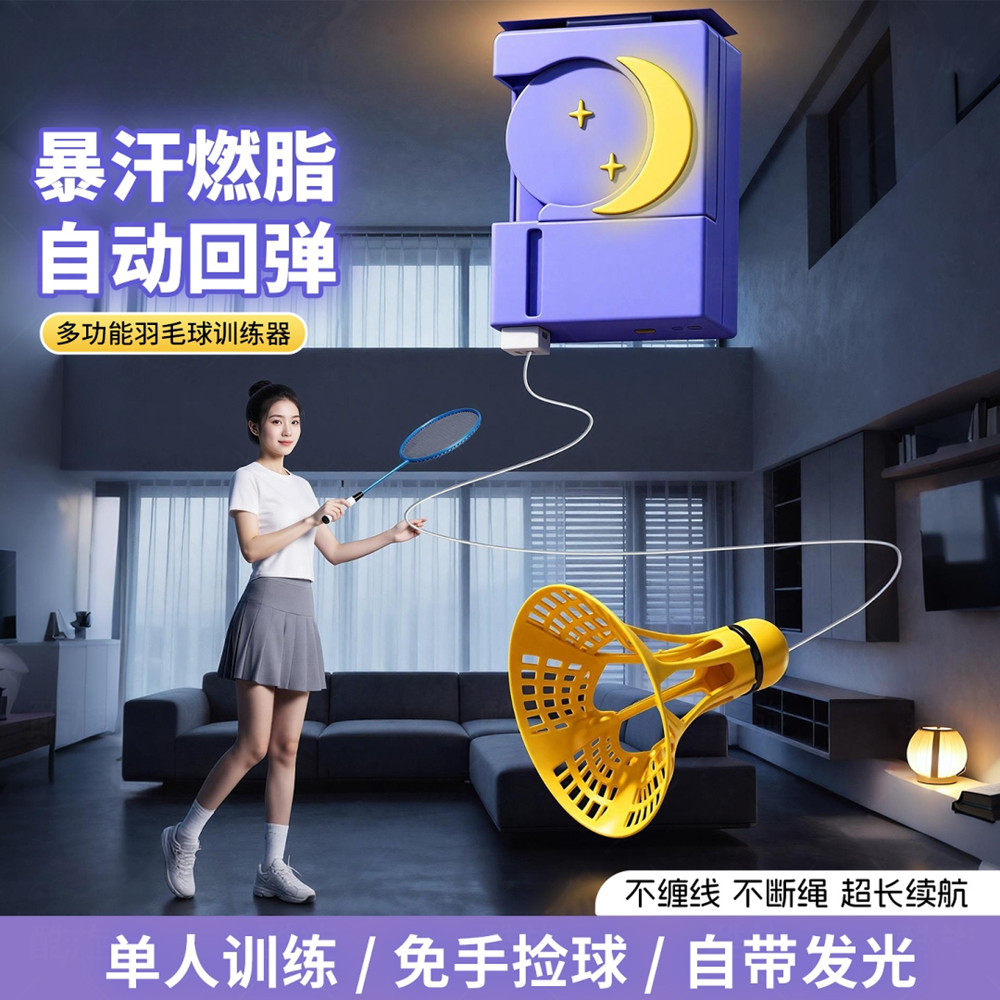 羽毛球单人训练器室内回弹自打羽毛球室内健身训练燃脂运动神器