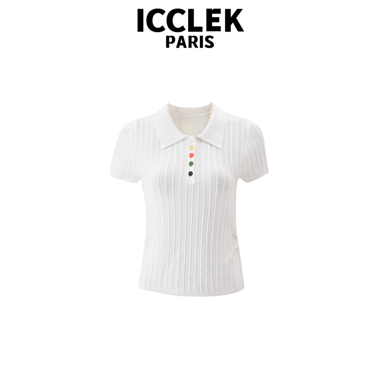 XY 甜美白色翻领彩扣短袖针织衫夏季休闲百搭显瘦上衣 - 5428