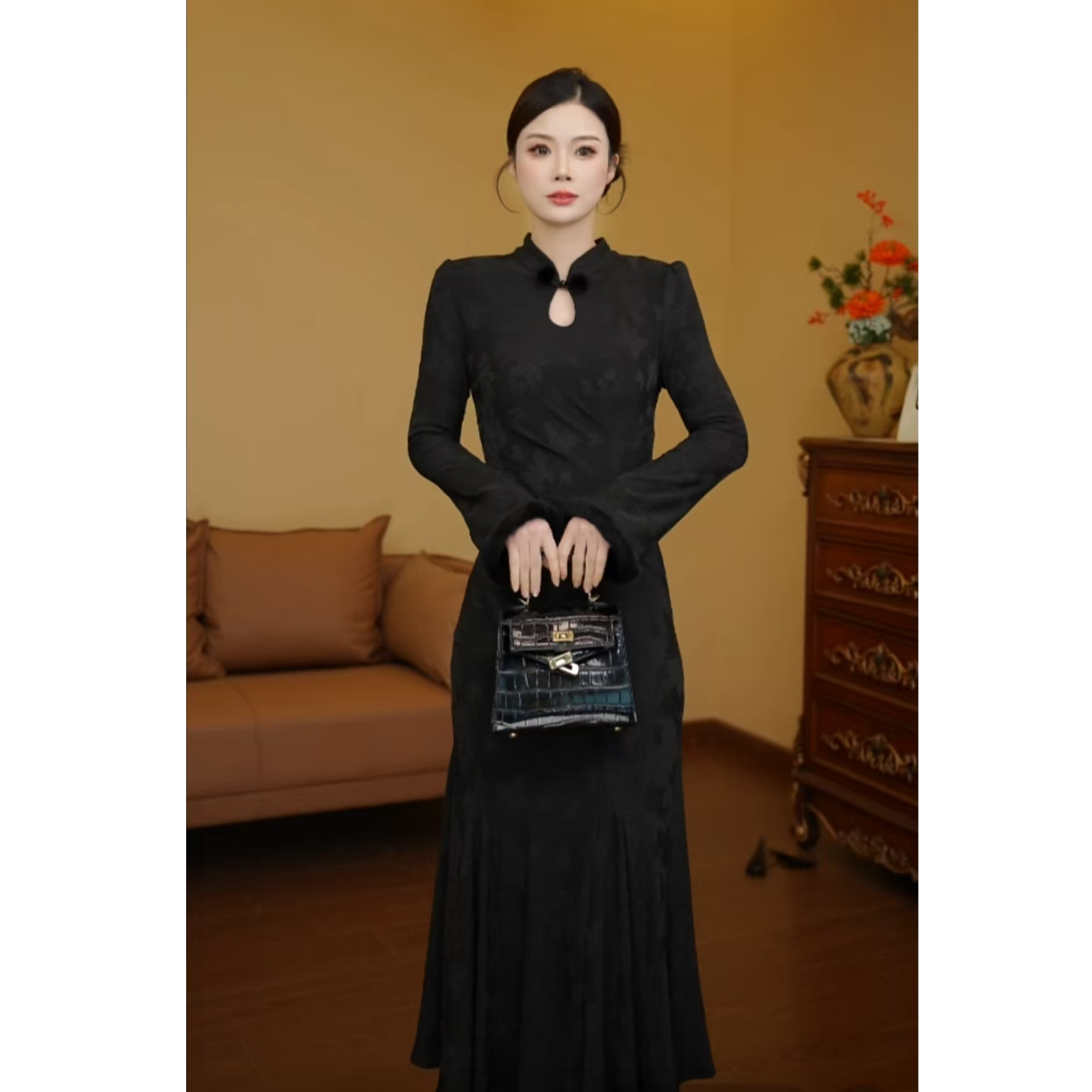 【利姐专属】【黑色】【加绒加厚】2025新中式连衣裙秋包臀长裙子D3858