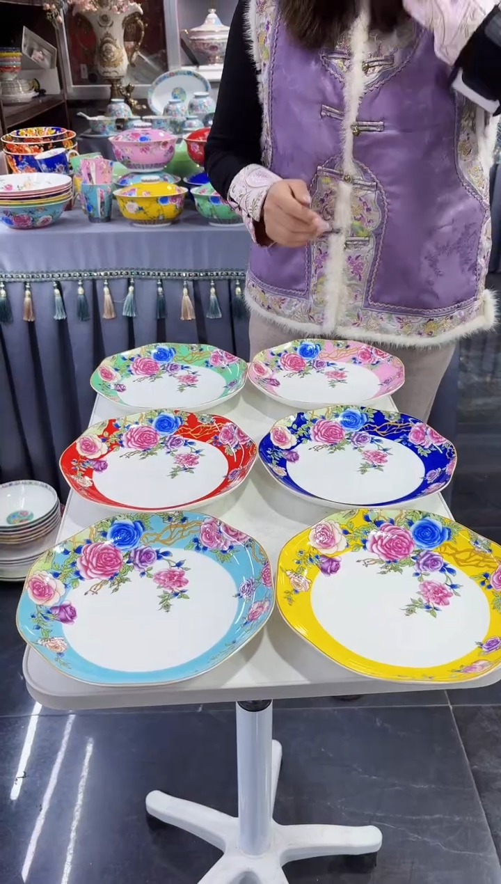 珐琅 8英寸花口圆深盘6个景德镇陶瓷