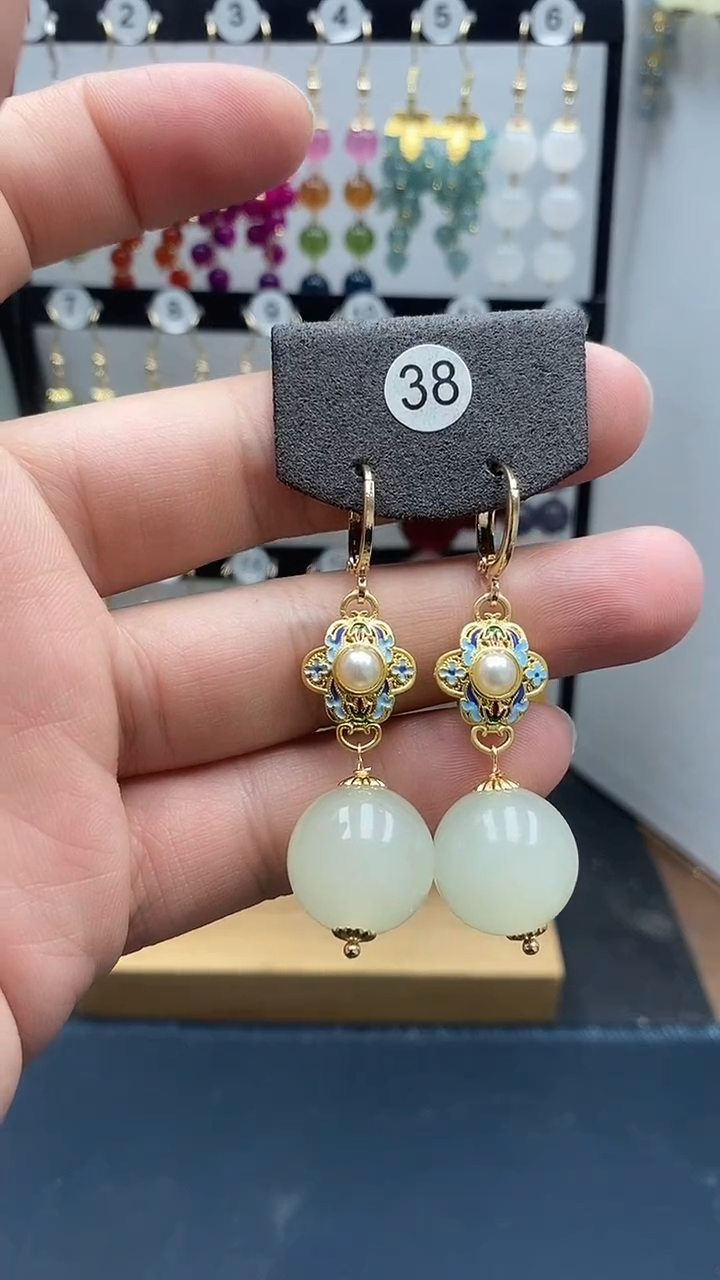 银S925镀金镶嵌和田玉耳饰尺寸16mm耳扣A2