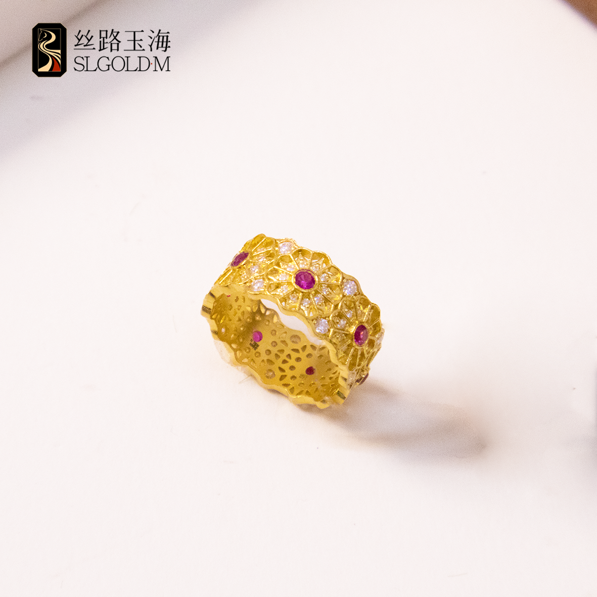 点钻玫瑰花窗戒指足金999宽版气质优雅大气