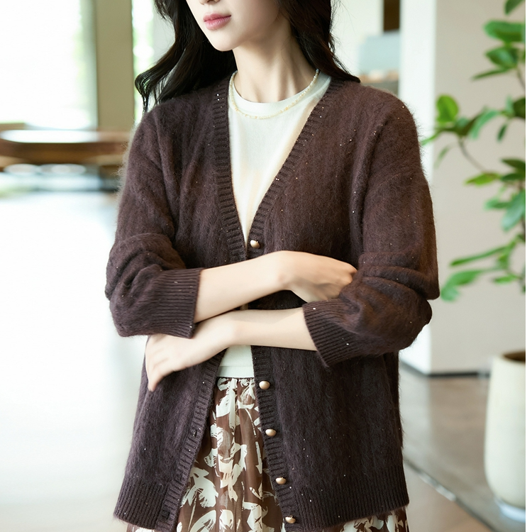 羊毛拉绒V领亮片长袖开衫宽松落肩袖V领针织纯色羊绒开衫时尚慵懒