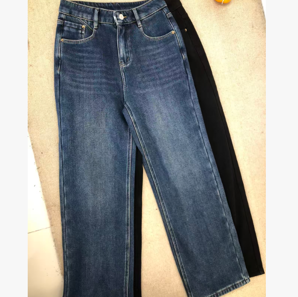 冬季加绒腰带配套后口袋刺绣窄版直筒阔腿牛仔裤