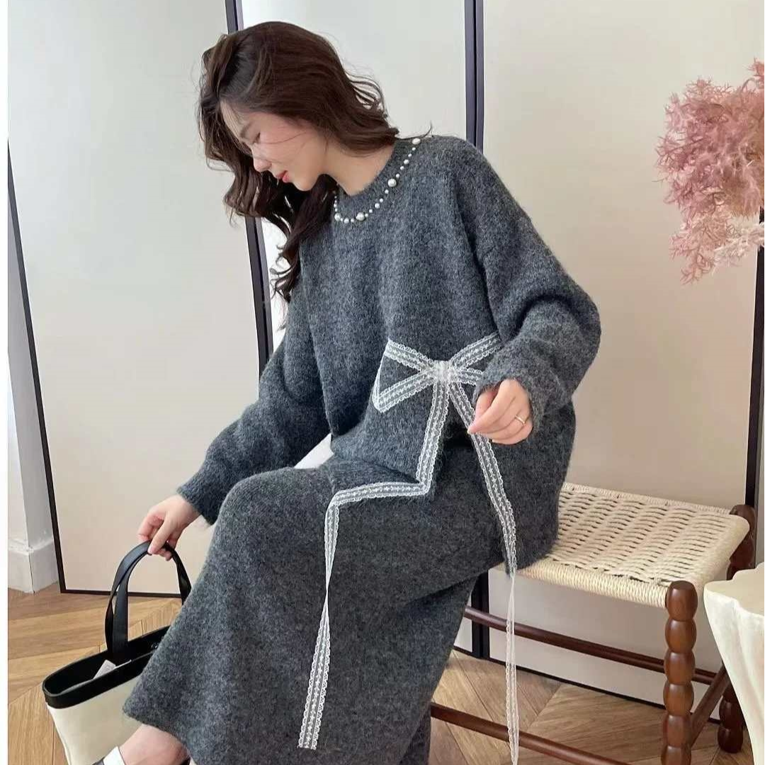 宽松慵懒风毛衣设计感重工钉珠开衩宽松半身裙时尚套装百搭两件套