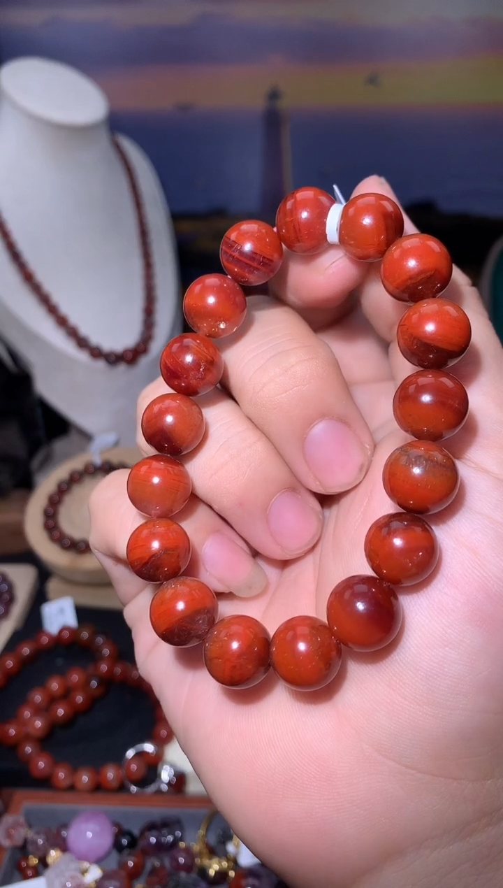 未镶嵌珠宝半成品水晶清*极光牛血红圆珠手串，12m