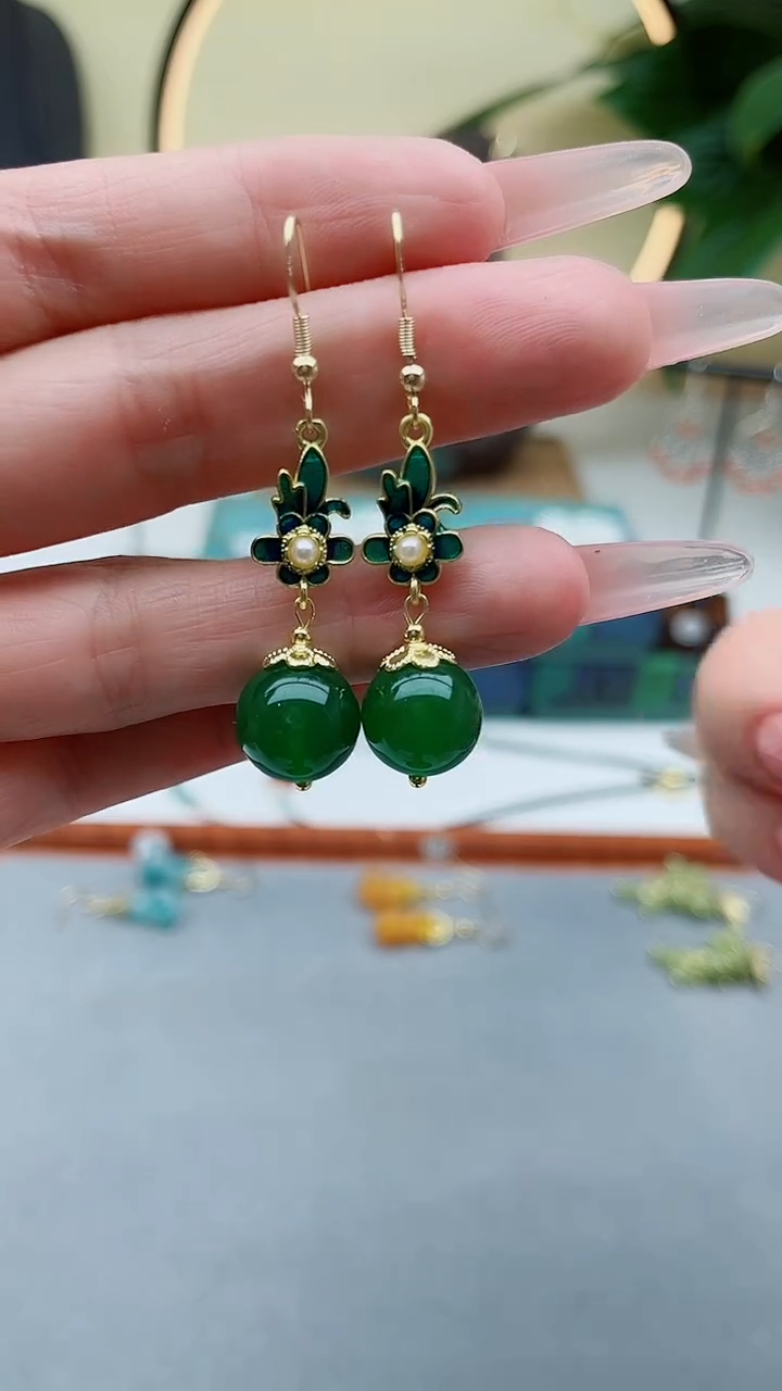 银S925镶嵌耳饰玛瑙/玉髓00绿色新配件