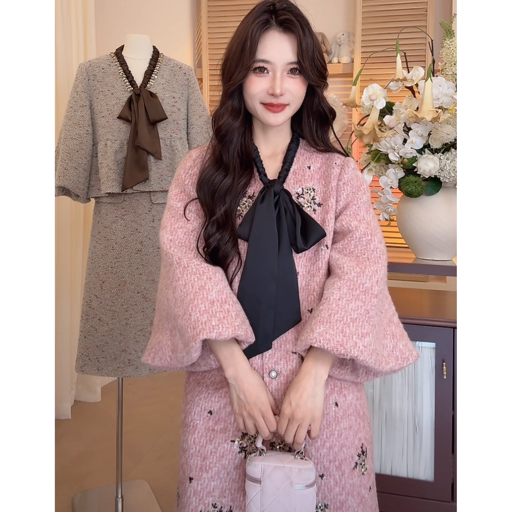 DD【许我耀眼外套】秋冬新款女装财阀千金小众老钱风灯笼袖毛呢外套