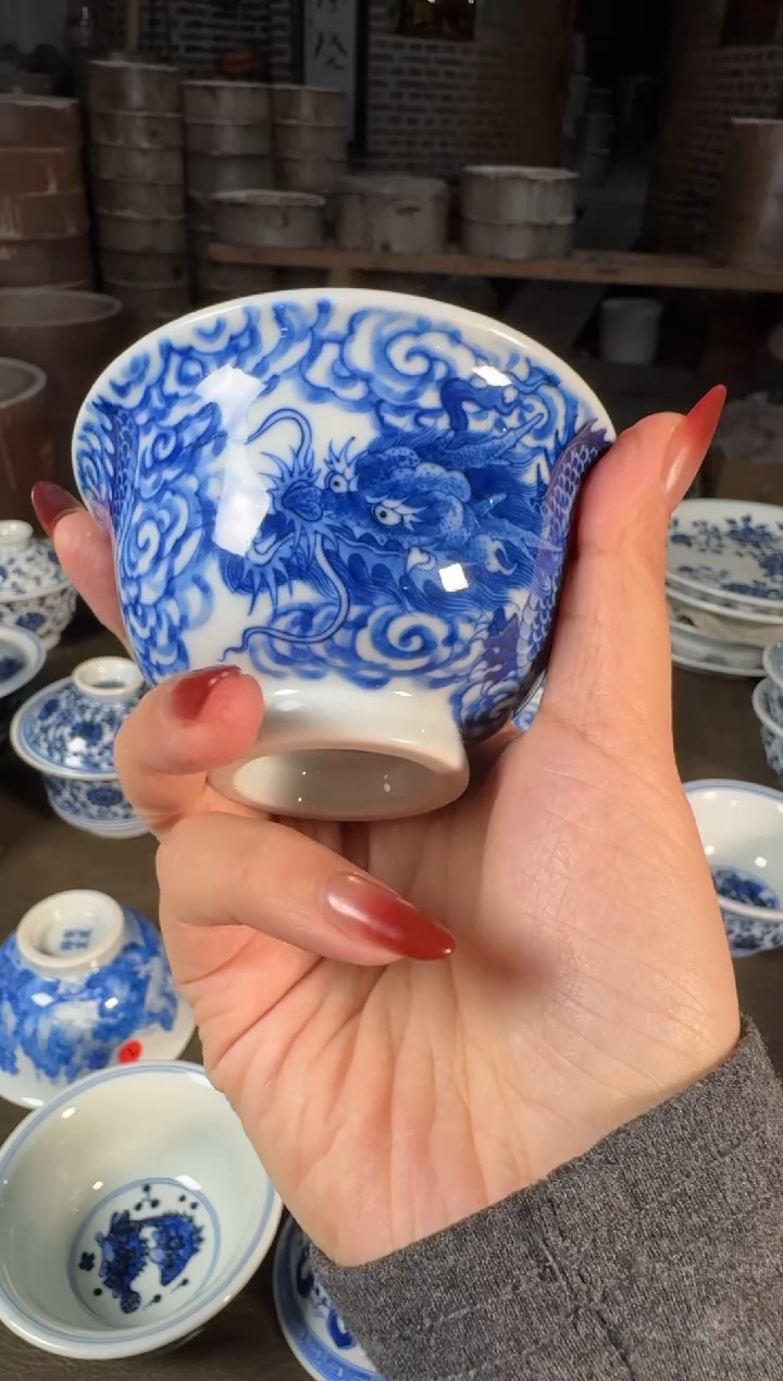 杯子陶瓷刘建锋窑仿清穿云龙火焰球大压手杯