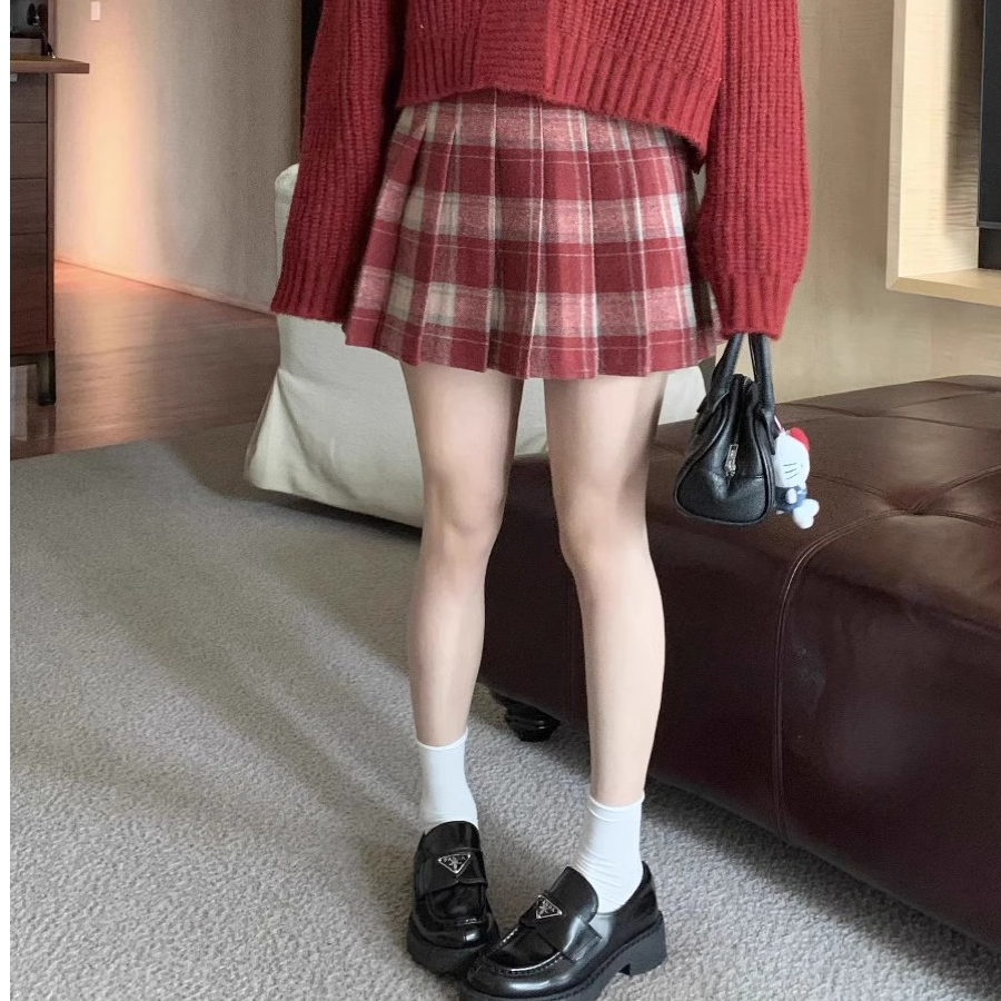 学院风拉链格子高腰显瘦半身裙女洋气秋冬百搭时尚百褶A字短裙子